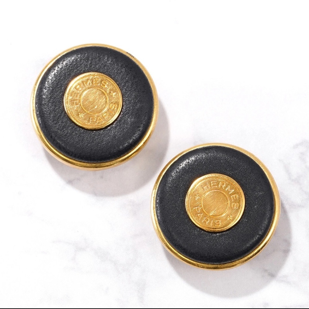 HERMES Selle Clip On Earrings Black Leather Gold Button